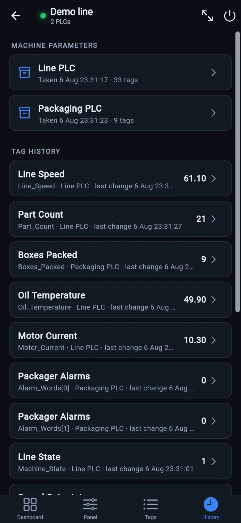 History tab with per-PLC parameter snapshot cards and a timestamped change log of dashboard tags