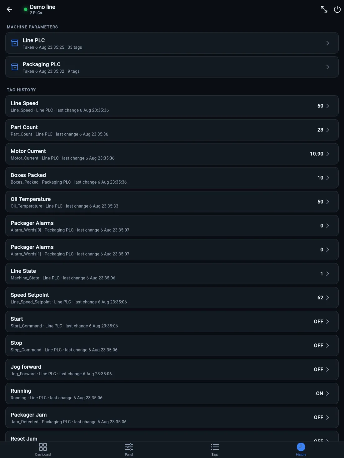 iPad History tab with parameter snapshot cards and the tag change log