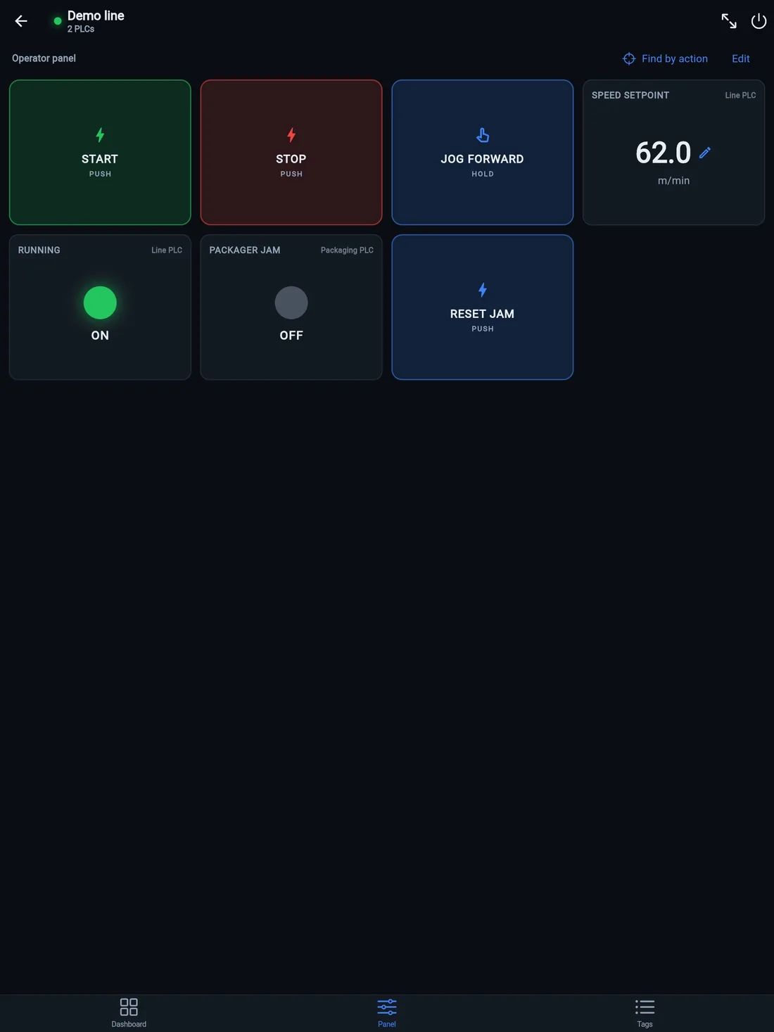 The operator panel full-screen on an iPad: large start, stop and hold-to-run jog buttons, a speed setpoint and status lamps — a mounted tablet as the machine's physical screen