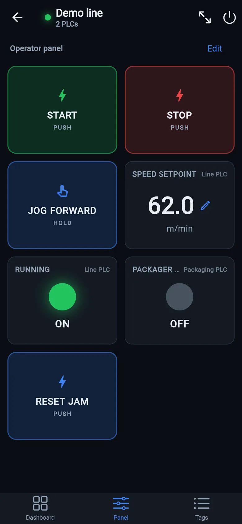 Operator panel with start, stop and jog buttons, a speed setpoint and status lamps
