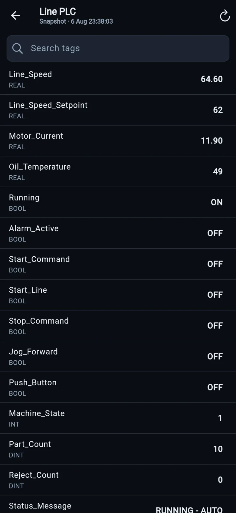 Parameter snapshot screen: a searchable list of tag values recorded at the first connection