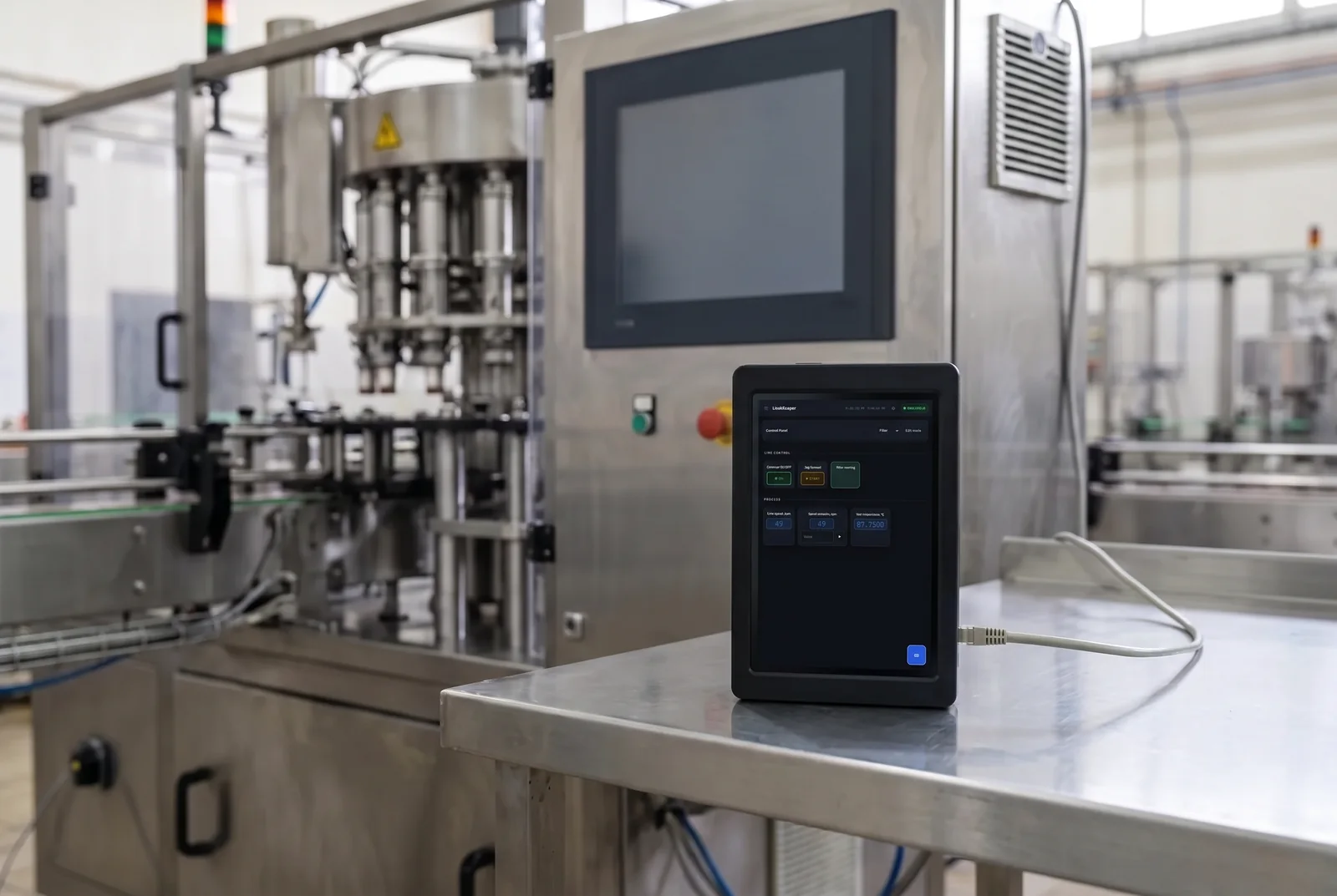 LineKeeper 7-inch industrial touchscreen device standing next to a machine as its permanent backup HMI panel