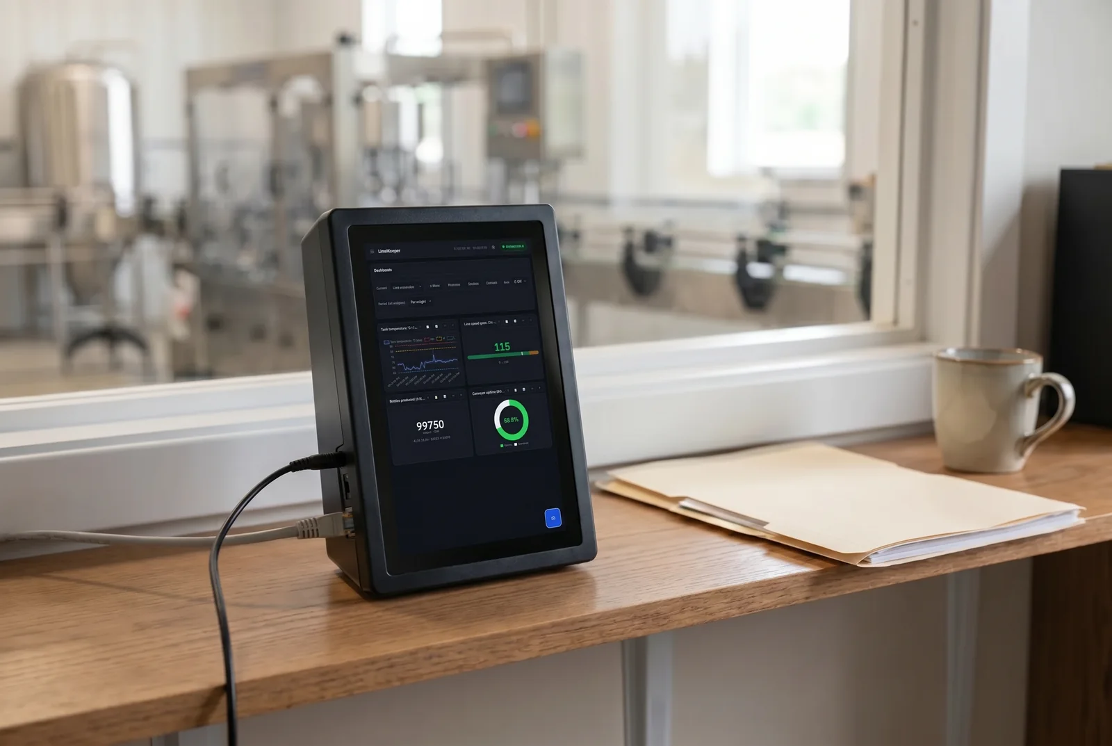 LineKeeper on an office shelf showing dashboards, with the production floor visible through a window