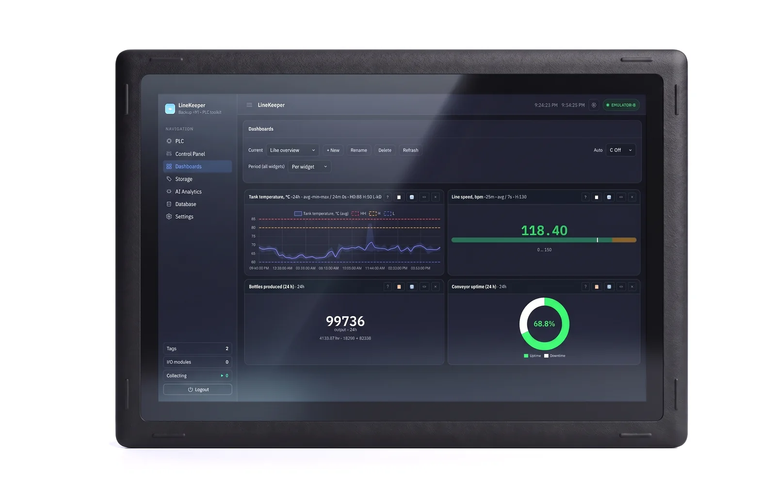 LineKeeper device: industrial touchscreen panel showing the LineKeeper dashboard — tank temperature trend, line speed gauge, production counter and uptime donut