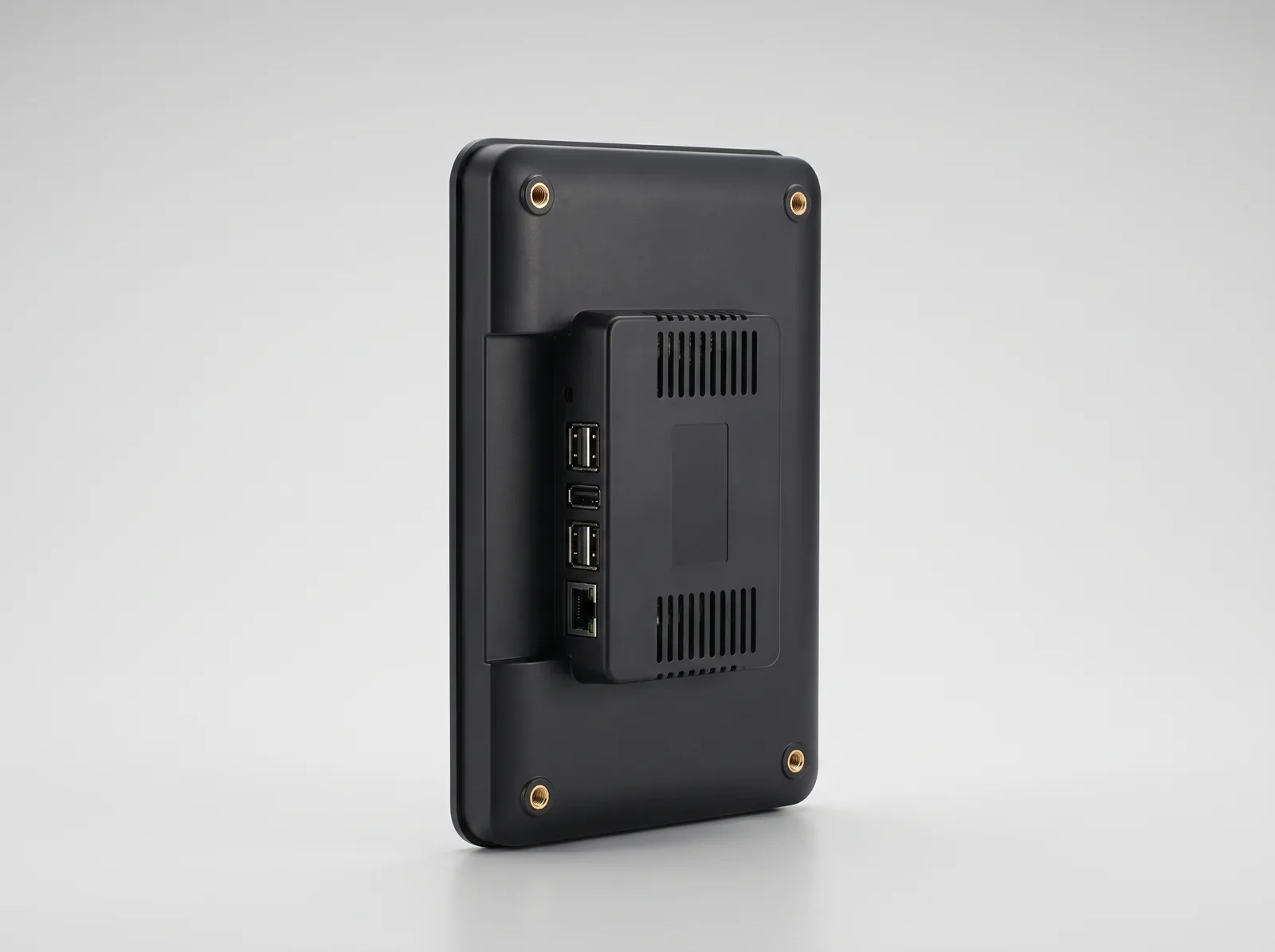 Rear view of the LineKeeper enclosure: passively cooled compute module with Ethernet and USB ports
