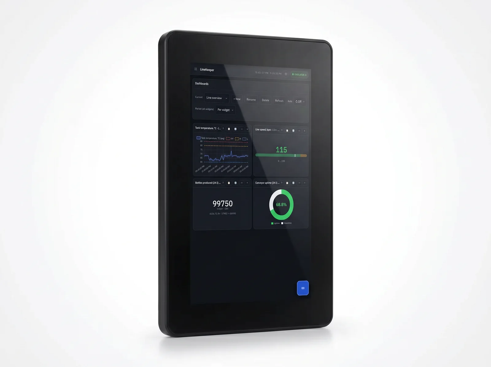 LineKeeper device: 7-inch industrial touchscreen showing the dashboards screen