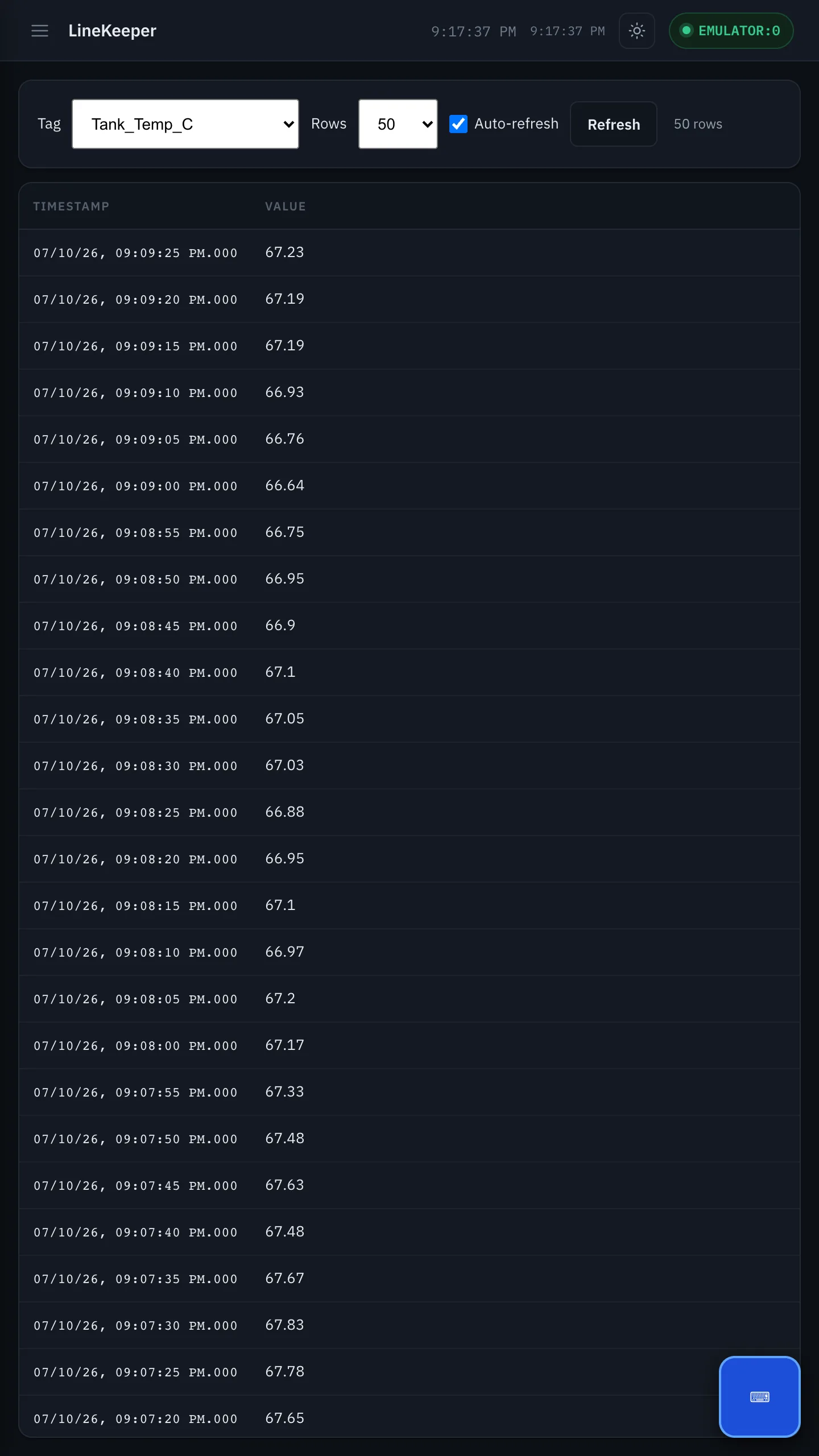 Database tab: raw stored rows for a tag