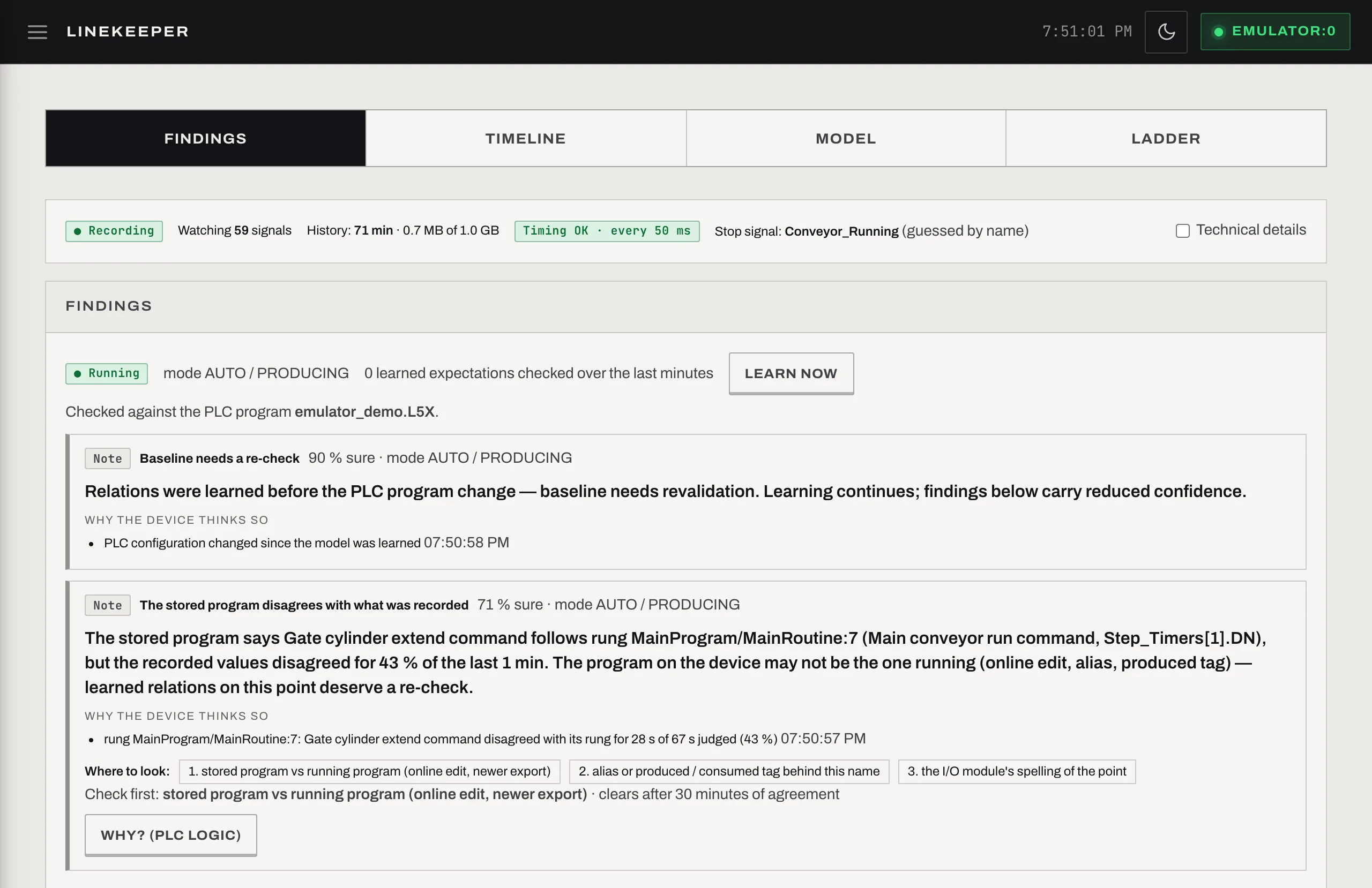 Diagnose → Findings: the recorder's status line and what the device noticed, each with where to look first
