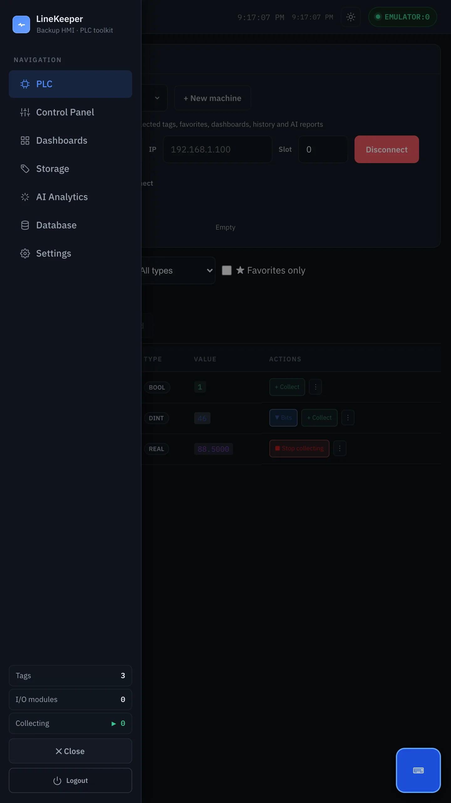 PLC tab: sidebar navigation, top bar and the live tag table