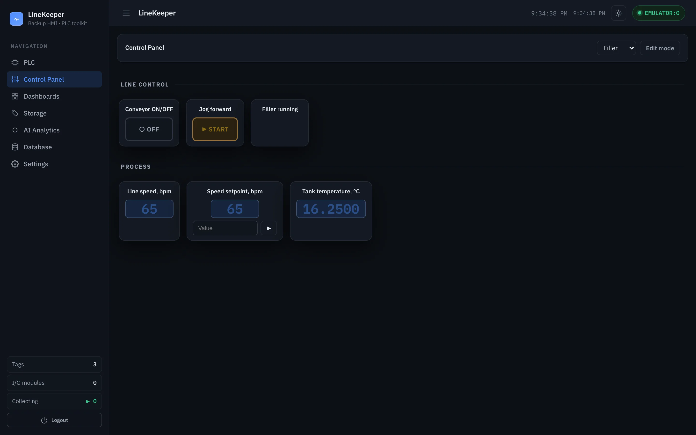 LineKeeper operator control panel: conveyor ON/OFF and jog buttons, running indicator, line speed with setpoint and tank temperature