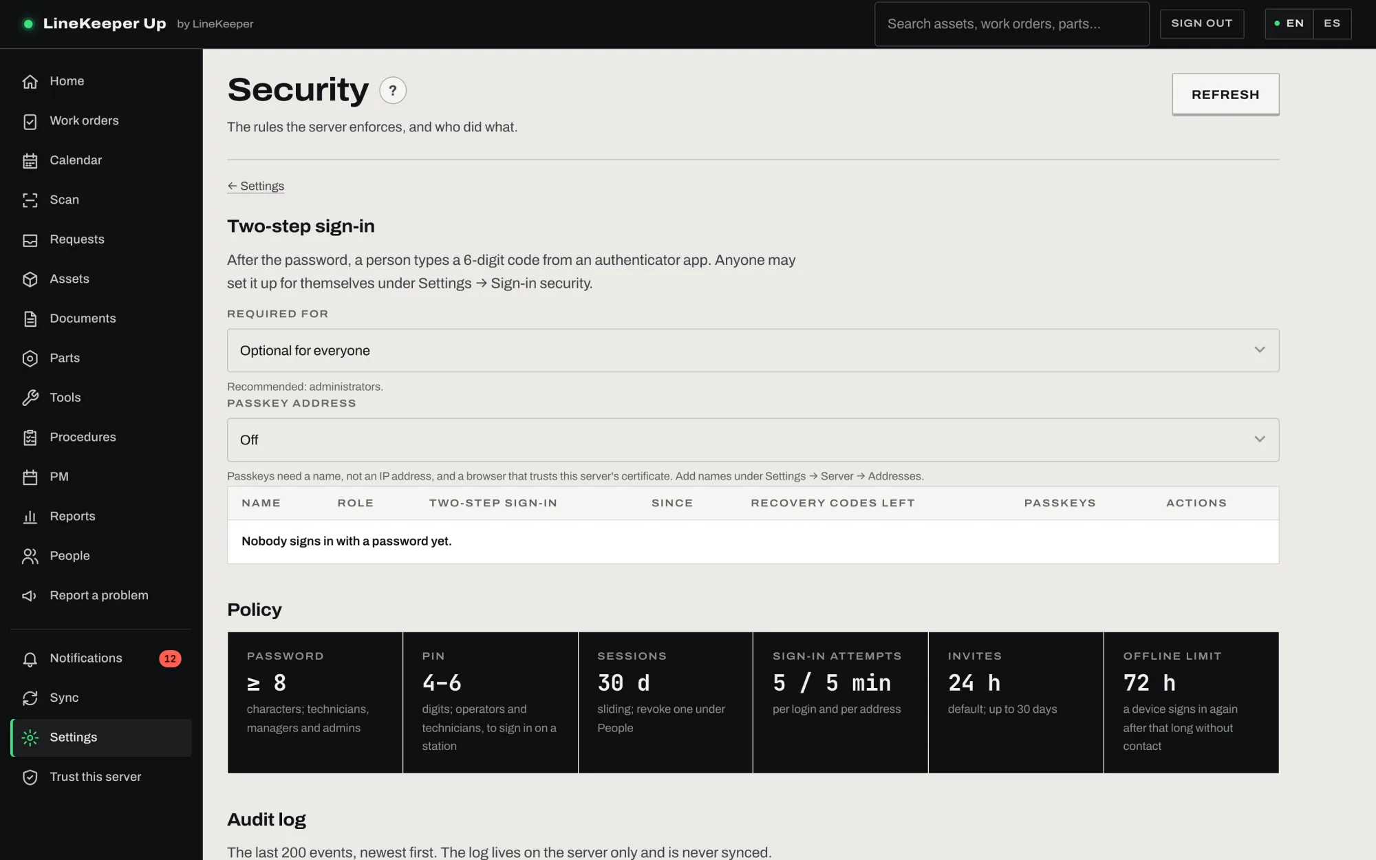 Settings → Security: two-step sign-in, the policy and the audit log