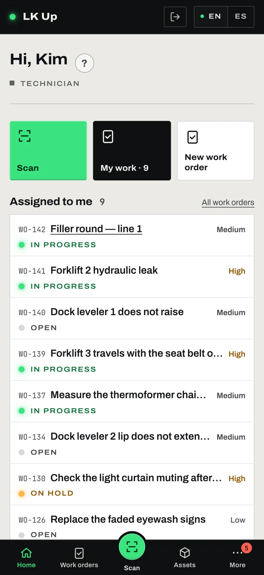 On a phone: the technician's home with nine open work orders